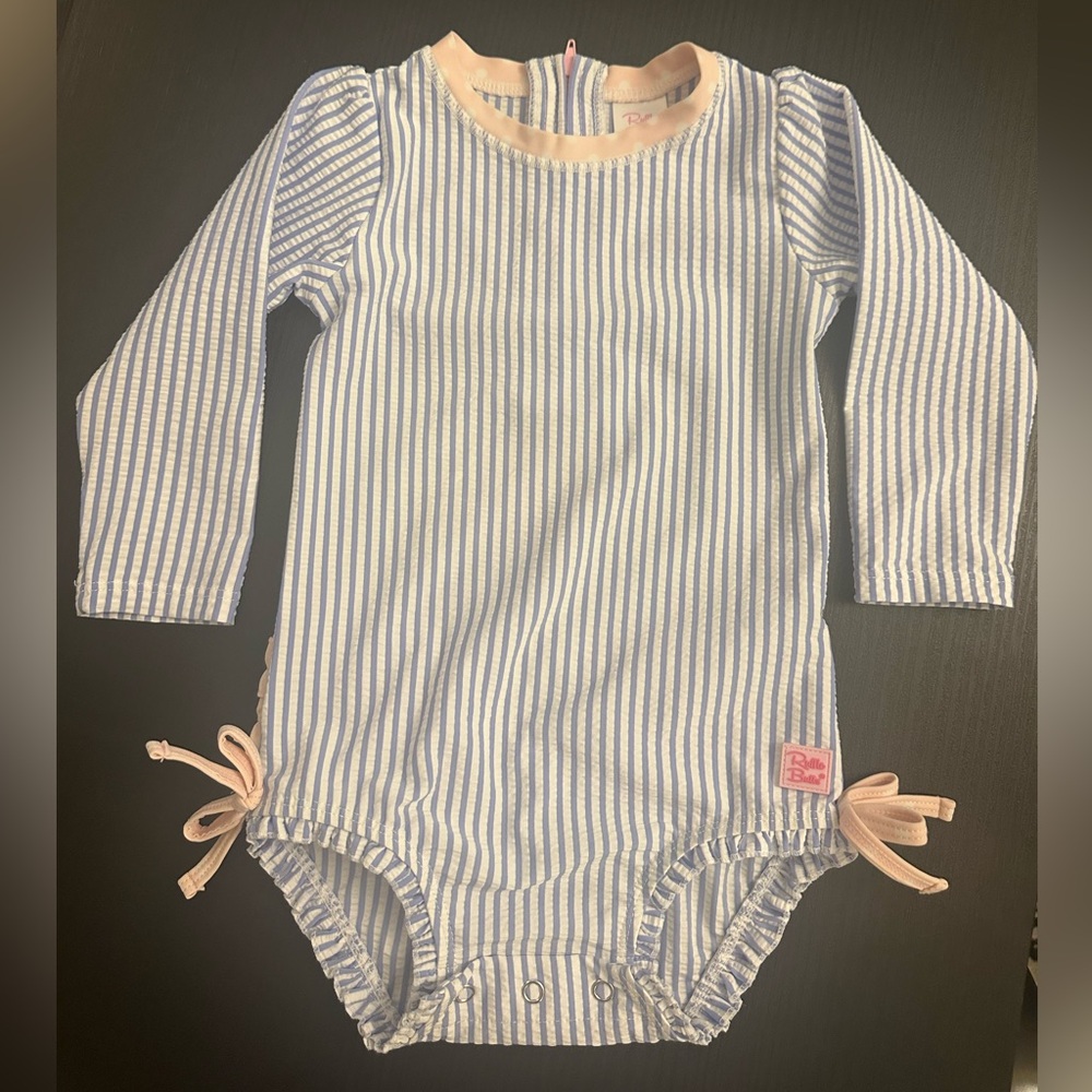 Ruffle Butts Seersucker long sleeve rash guard bathing suit